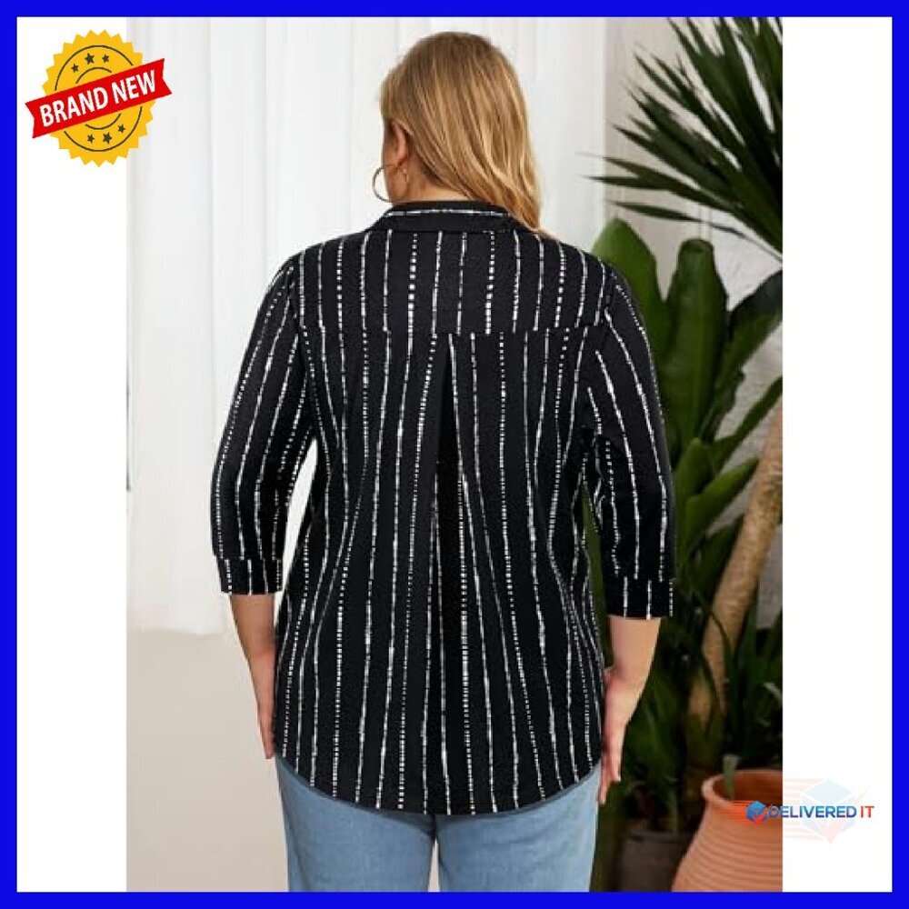 Plus Size V-Neck Collared 3/4 Sleeve Blouse Loose Fit Soft Business Casual - Picture 4 of 8